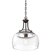 Franklin Iron Works Charleston Bronze Brown Small Pendant Light 13.5" Wide Farmhouse Industrial Rustic Clear Glass Shade Dining Room House Bedroom Ent