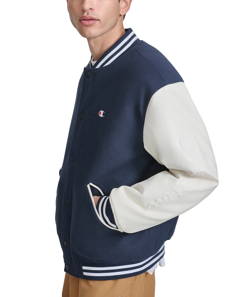 Champion Men's Colorblocked Mixed-Media Varsity Jacket