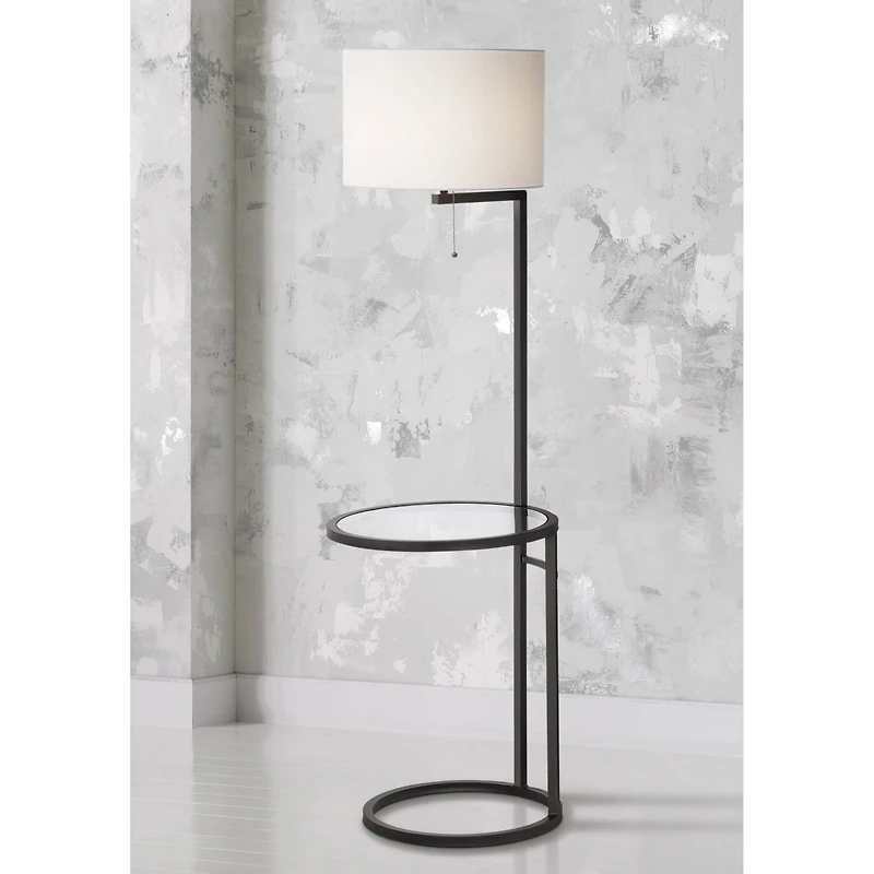 360 Lighting Space Saver Modern Floor Lamp with Tray Table 62" Tall Black Metal White Fabric Drum Shade for Living Room Bedroom Office House Home