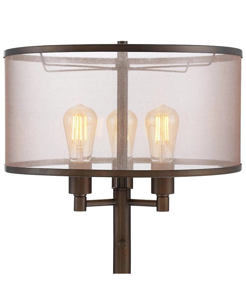 Franklin Iron Works Durango Rustic Farmhouse Floor Lamp 62" Tall Oiled Bronze Metal 3 Light Led Brown Sheer Drum Shade for Living Room Bedroom Of