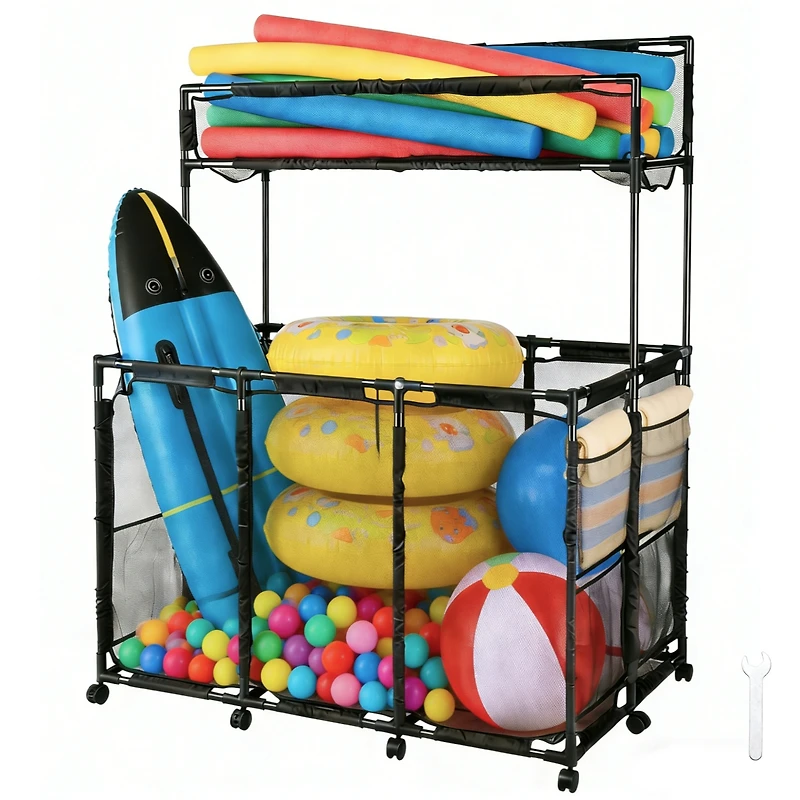 Yescom Metal Frame 10 Wheels Rolling Mesh Pool Storage Bin Xx-Large Double Decker with Noodle Holder Pool Float Storage Organizer