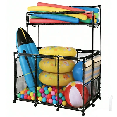 Yescom Metal Frame 10 Wheels Rolling Mesh Pool Storage Bin Xx-Large Double Decker with Noodle Holder Pool Float Storage Organizer