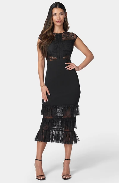 Bebe Women's Tiered Lace Midi Dress