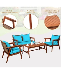 Costway 8PCS Patio Rattan Furniture Set Acacia Wood Frame Cushioned Sofa Chair Turquoise