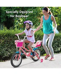Gymax 14 Inches Kids Bicycle w/ Doll Chair & Basket Kids Bike w/ Training Wheels Pink