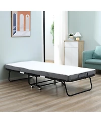 Homcom Folding Bed with 4" Mattress, Portable Foldable Guest Bed with Wheels