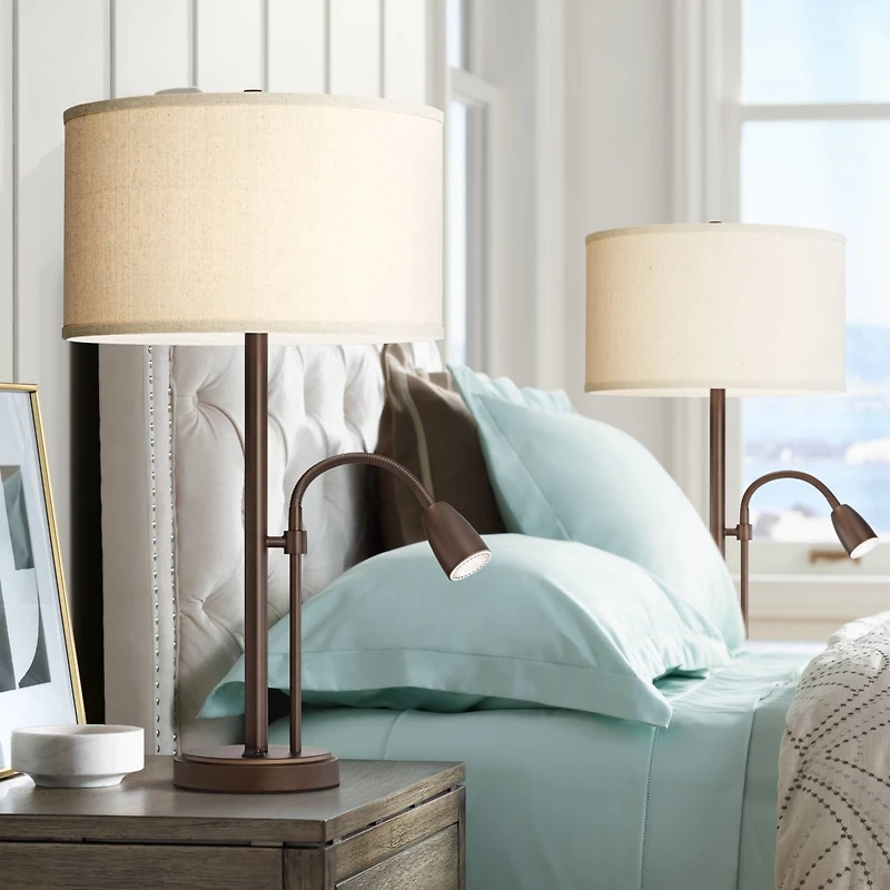 Possini Euro Design Traverse Modern Table Lamps 29" Tall Set of 2 with Usb Charging Port Gooseneck Led Bronze Oatmeal Shade for Bedroom Living Ro