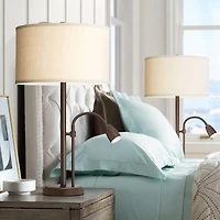Possini Euro Design Traverse Modern Table Lamps 29" Tall Set of 2 with Usb Charging Port Gooseneck Led Bronze Oatmeal Shade for Bedroom Living Ro