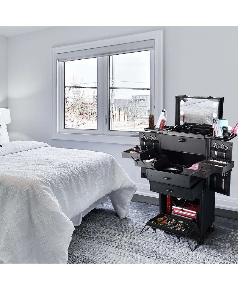 Byootique Pro Rolling Makeup Case Aritist Cosmetics w/ Lights Mirror Studio Black