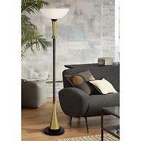 Possini Euro Design Burbank Modern Mid Century Art Deco Torchiere Floor Lamp Standing 70" Tall Black Brass Metal Frosted White Glass Bowl Shade for Li