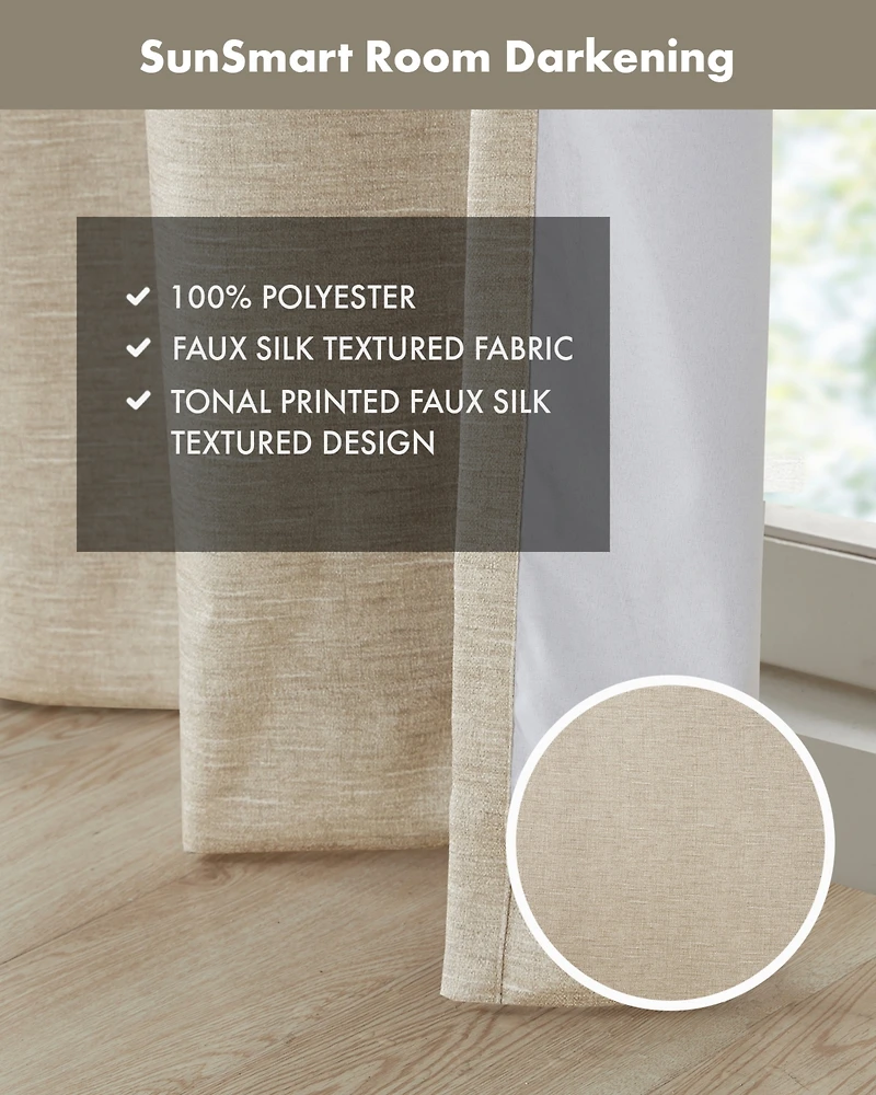 SunSmart Como Tonal Printed Faux Silk Room Darkening Curtain for Bedroom, Grommet Top Design Panels Pair Living Room