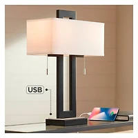 Neil Modern Rustic Table Lamp 26" High with Usb Charging Port Black Open Metal White Fabric Rectangular Shade for Bedroom Living Room House Home
