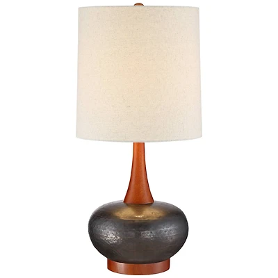 360 Lighting Andi Mid Century Modern Table Lamp 24.5" High Hammered Bronze Ceramic Wood Off White Tall Drum Shade for Living Room Bedroom House Bedsid