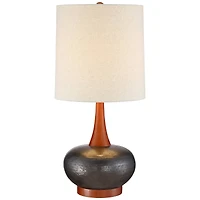 360 Lighting Andi Mid Century Modern Table Lamp 24.5" High Hammered Bronze Ceramic Wood Off White Tall Drum Shade for Living Room Bedroom House Bedsid