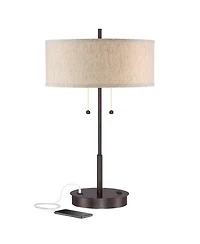 Nikola Modern Accent Table Lamp with Usb and Ac Power Outlet in Base 23 1/2" High Bronze Fabric Drum Shade for Bedroom Living Room House Desk Bed