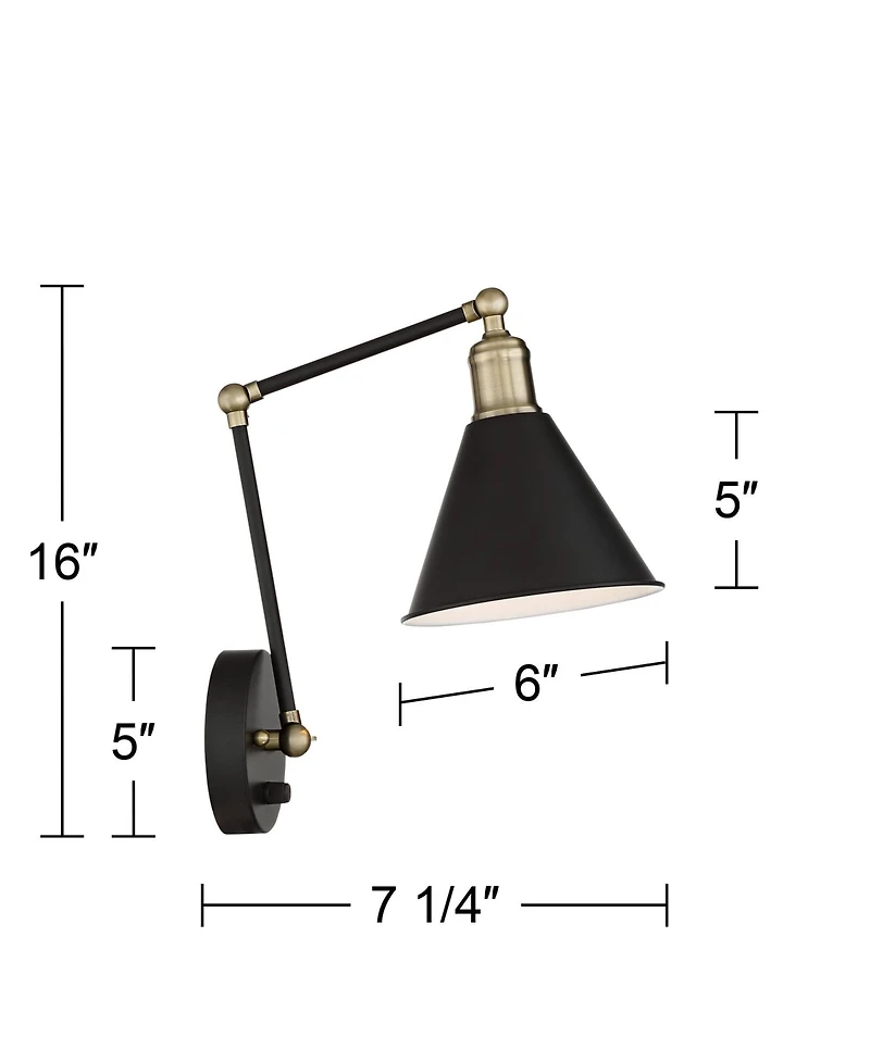 360 Lighting Wray Modern Wall Lamp Set of 2 Black Brass Plug-in 6" Light Fixture Up Down Adjustable Cone Shade for Bedroom Reading Living Room Ha