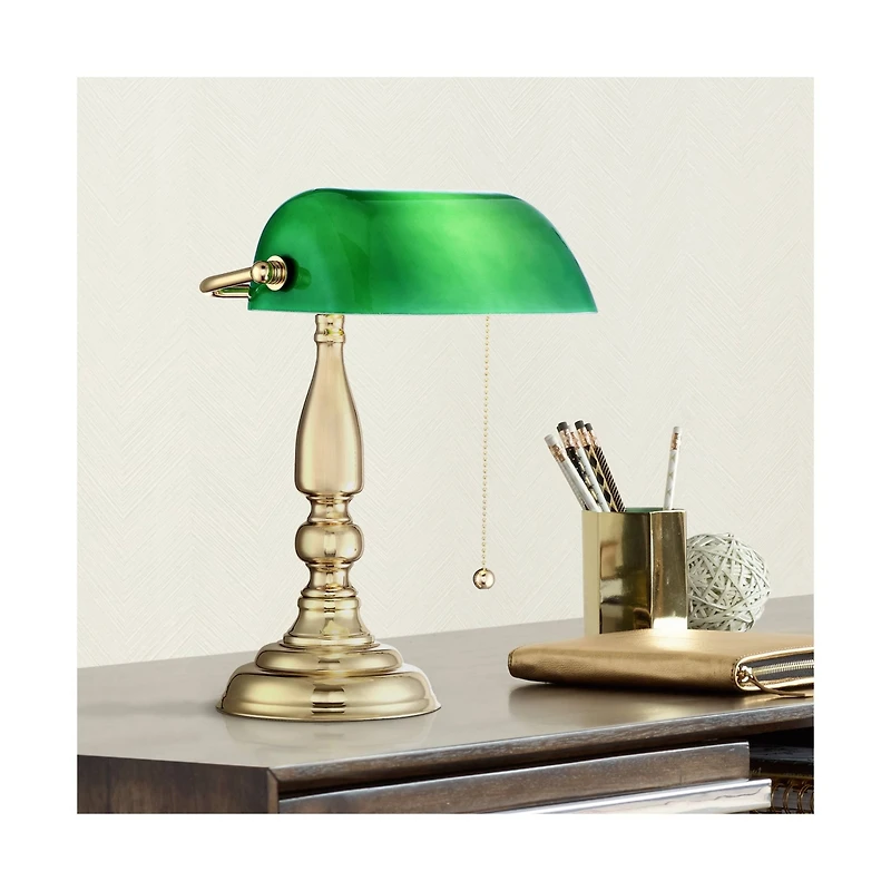 Hammond Traditional Piano Banker Mini Desk Table Lamp 14" High Brass Plating Green Glass Shade for Living Room Bedroom House Bedside Nightstand H