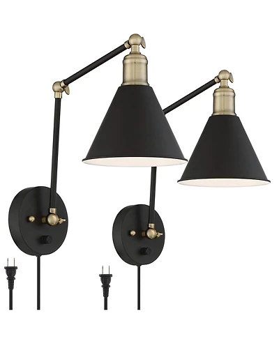 360 Lighting Wray Modern Wall Lamp Set of 2 Black Brass Plug-in 6" Light Fixture Up Down Adjustable Cone Shade for Bedroom Reading Living Room Ha