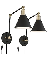 360 Lighting Wray Modern Wall Lamp Set of 2 Black Brass Plug-in 6" Light Fixture Up Down Adjustable Cone Shade for Bedroom Reading Living Room Ha