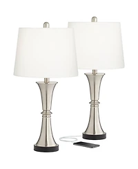 Seymore Modern Table Lamps 26" Tall Set of 2 with Usb Charging Port Silver Led Touch On Off White Drum Shade for Bedroom Living Room House Home D