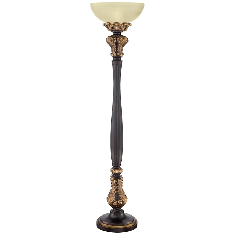 Barnes and Ivy Rita Vintage Rustic Torchiere Floor Lamp 75" Tall Acanthus Leaf Carved Wood Frosted Glass Shade for Living Room Bedroom Office Hou