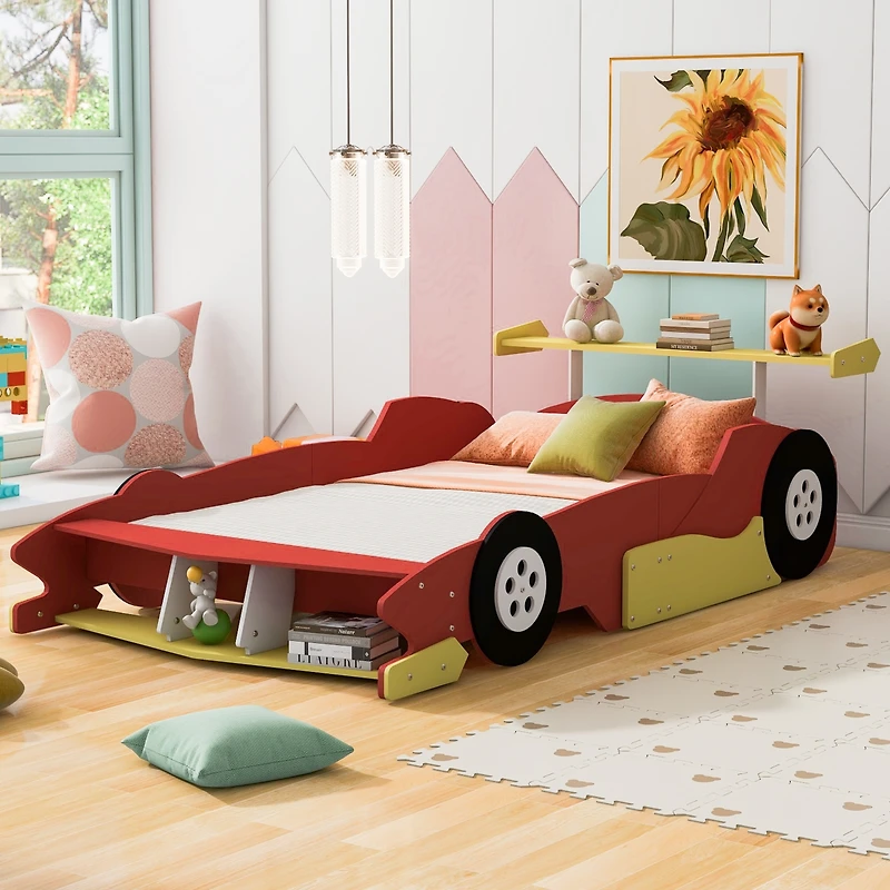 Streamdale Full Size Race Car-Shaped Platform Bed With Wheels, Blue
