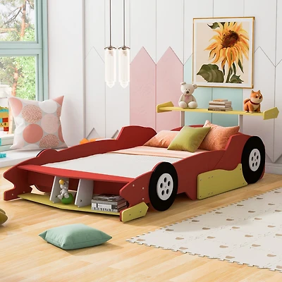 Streamdale Full Size Race Car-Shaped Platform Bed With Wheels, Blue