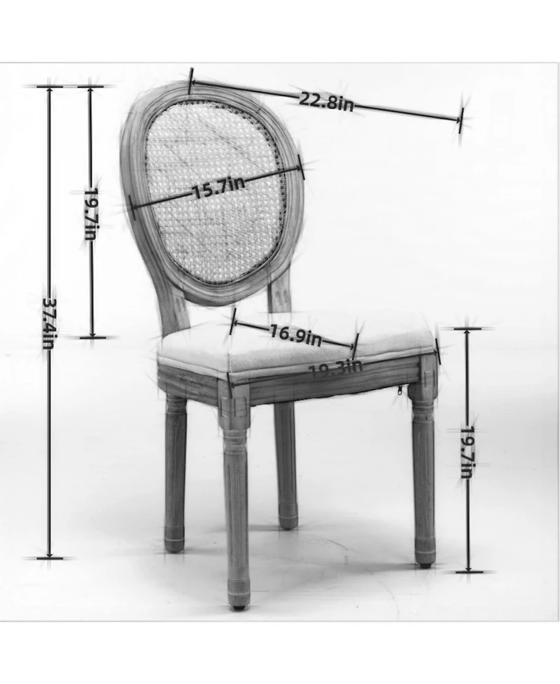 Streamdale Furniture French Style Solid Wood Frame Antique Painting Linen Fabric Rattan Back Dining Chair, Set Of 2, Gray