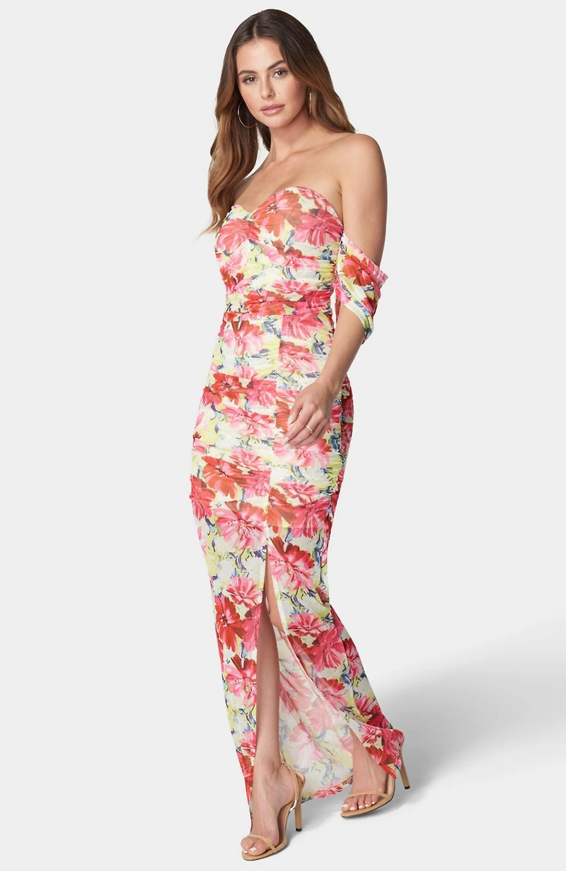Bebe Women's Printed Off Shoulder Mesh Dress