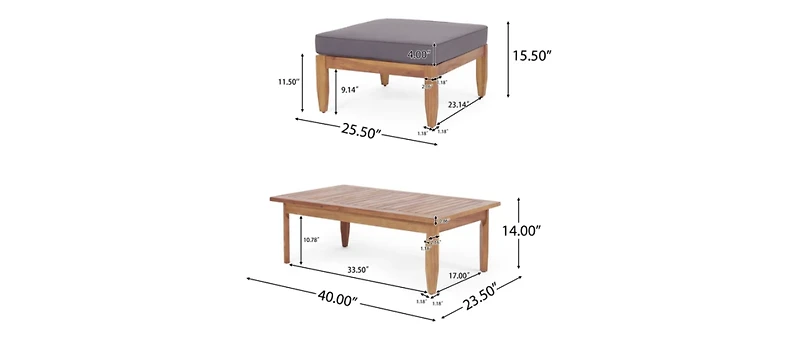 Streamdale Furniture Mid-Century Modern Acacia Wood Ottoman & Coffee Table Set