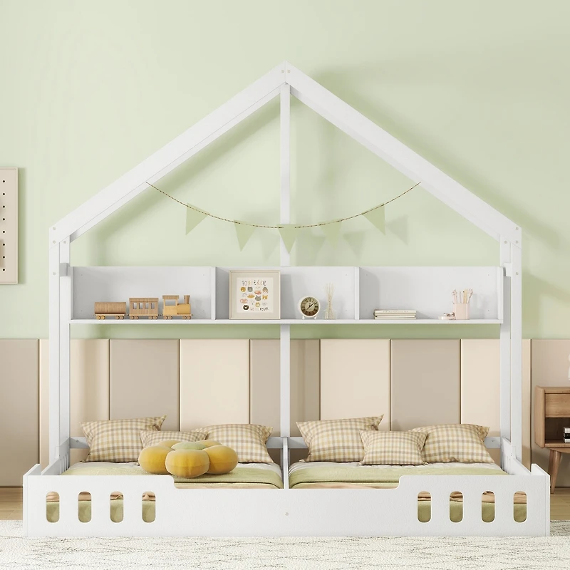 Simplie Fun Wood Twin Size House Platform Beds, Two Shared Beds With Shelves And Guardraily White