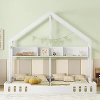 Simplie Fun Wood Twin Size House Platform Beds, Two Shared Beds With Shelves And Guardraily White