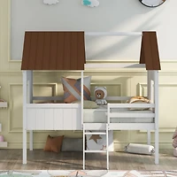 Simplie Fun Twin Size Low Loft Wood House Bed With Two Side Windows