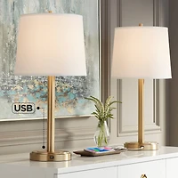 360 Lighting Camile Modern Table Lamps 25" High Set of 2 Brass Metal with Usb Charging Port Oatmeal Drum Shade for Bedroom Living Room Bedside De