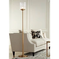 Possini Euro Design Kinsey Modern Glam Style Torchiere Floor Lamp Standing 72.5" Tall Antique Brass Gold Metal Stone Pattern Glass Cylinder Shade for