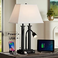 Deacon Modern Gooseneck Desk Lamp with Usb Charging Port and Outlet 26" High Led Black Metal Oatmeal Linen Fabric Shade for Living Room Bedroom House