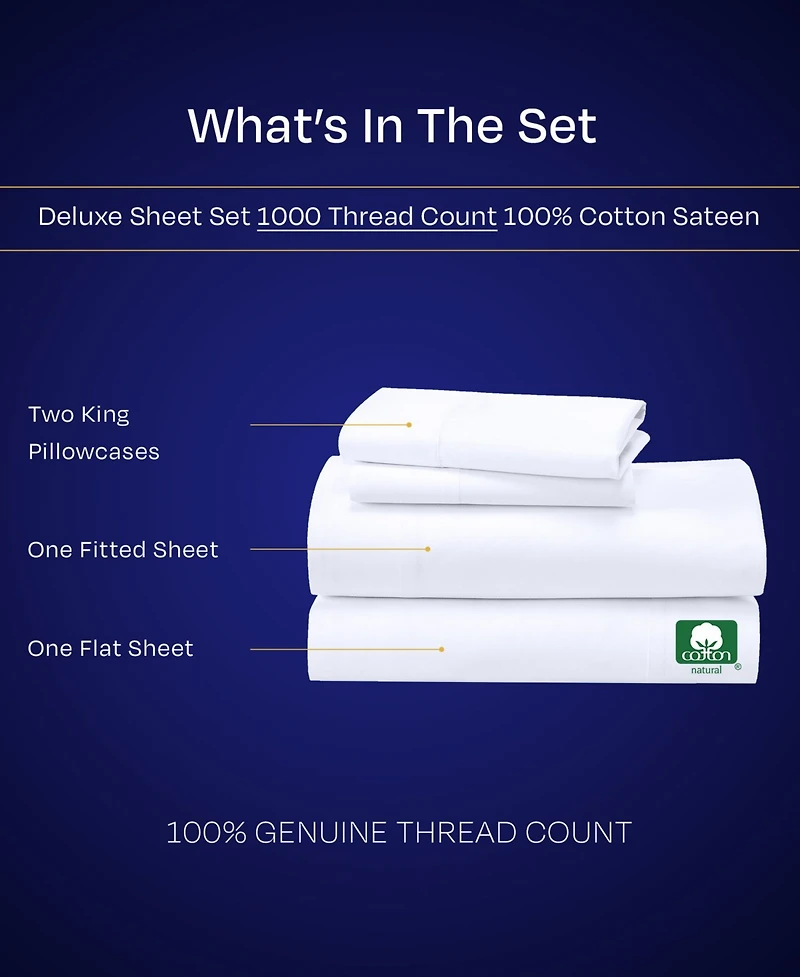 Luxury 1000 Thread Count King Sheets Set - 100% Cotton Sateen Soft, Thick & Deep Pocket