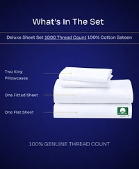 Luxury 1000 Thread Count King Sheets Set - 100% Cotton Sateen Soft, Thick & Deep Pocket