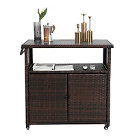 Streamdale Furniture Outdoor Wicker Bar Cart with Wheels and Glass Tabletop
