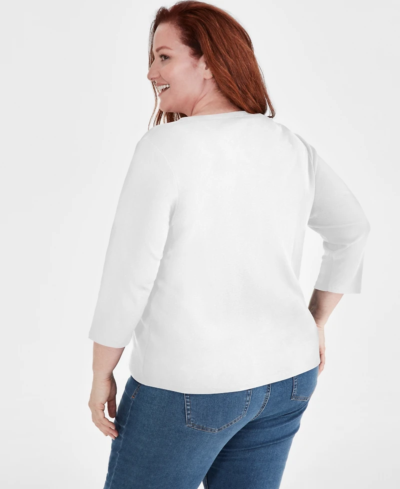 Style & Co Women's Cotton 3/4-Sleeve Henley Tee, Created for Macy's