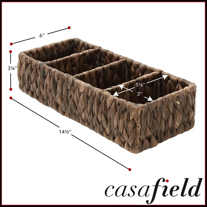 Casafield Set of 2 Water Hyacinth Storage Baskets with 3 Sections, Espresso - Woven Bin Organizers for Bathroom, Laundry, Pantry, Office, Shelves
