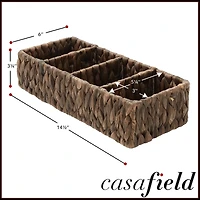 Casafield Set of 2 Water Hyacinth Storage Baskets with 3 Sections, Espresso - Woven Bin Organizers for Bathroom, Laundry, Pantry, Office, Shelves