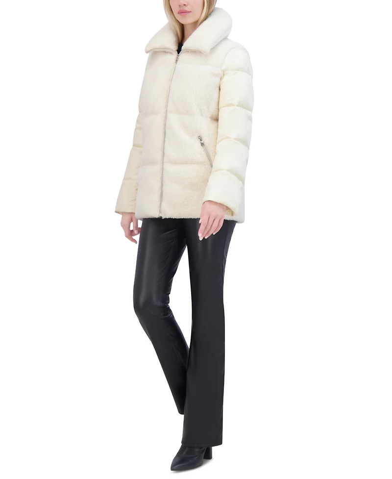 Tahari Women's Mixed-Media Stand-Collar Puffer Coat