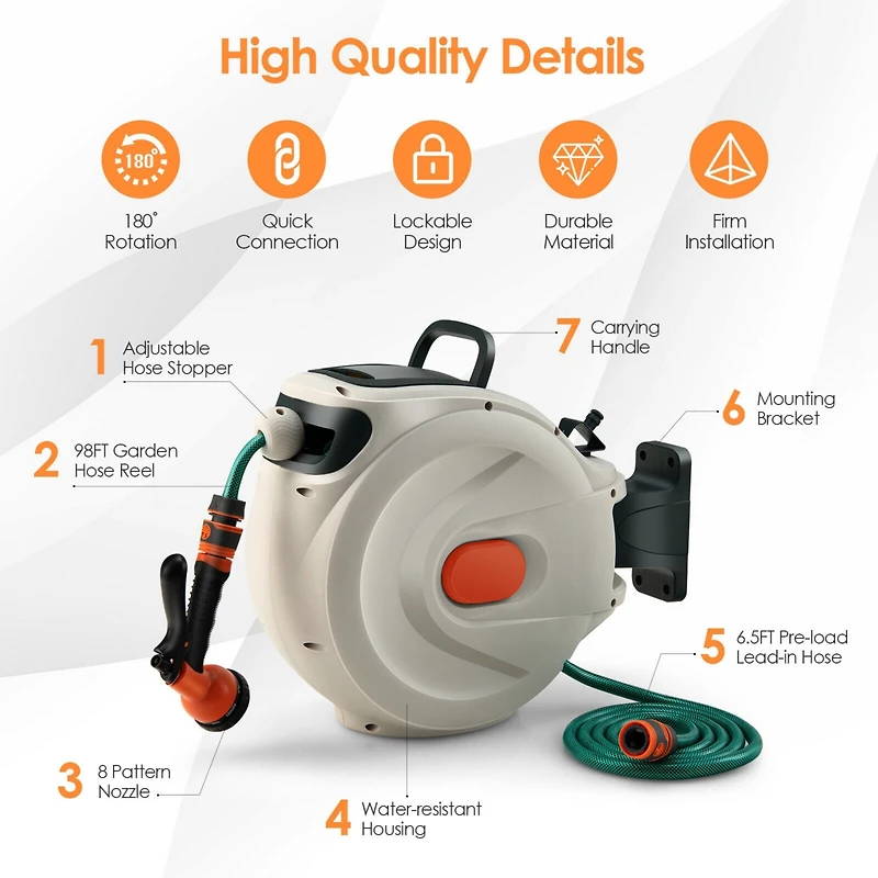 Inolait Retractable Hose Reel Wall Mounted 1/2 Inch 98 Feet Any Length Lock with Hose Nozzle