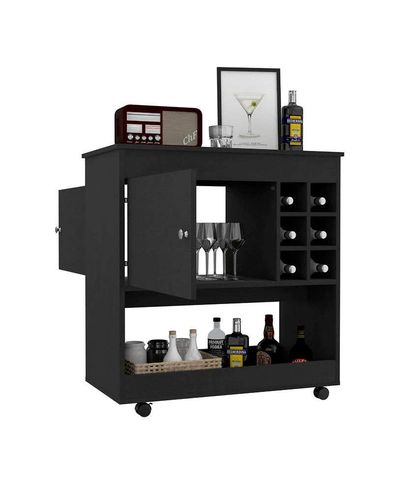 Fm Furniture Texas Bar Cart, One Cabinet, Six Bottle Cubbies, Four Casters