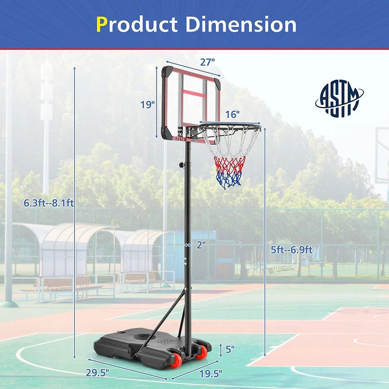 Portable Basketball Hoop Stand 6.3FT-8.1FT Adjustable withWheels & Edge Protectors