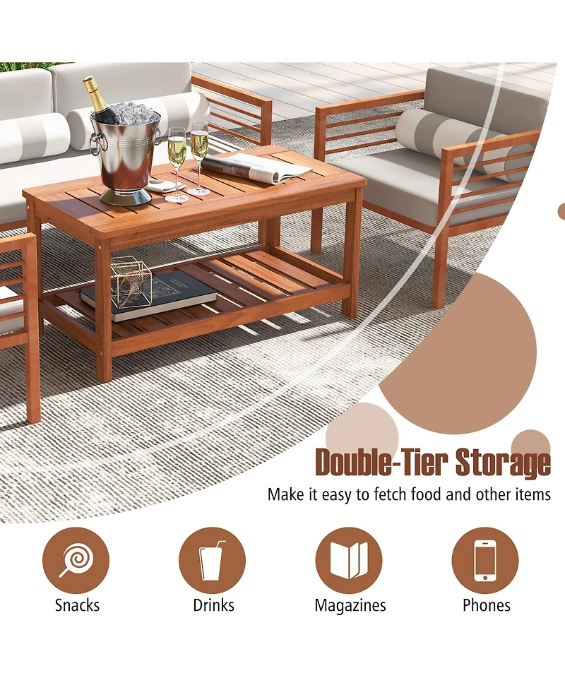 Gymax Hardwood Outdoor Patio Coffee Table 2-Tier Coffee Table w/ Slat Tabletop & Storage Shelf Natural