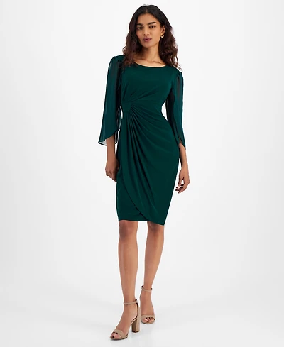 Connected Petite Chiffon Cape-Sleeve Sheath Dress