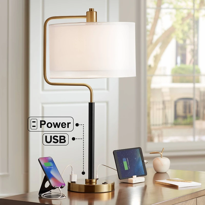 Possini Euro Design Carlyle Modern Mid Century Desk Lamp 30 1/2" Tall Gold with Usb and Ac Power Outlet in Base Double Drum Shades for Living Roo