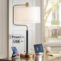 Possini Euro Design Carlyle Modern Mid Century Desk Lamp 30 1/2" Tall Gold with Usb and Ac Power Outlet in Base Double Drum Shades for Living Roo